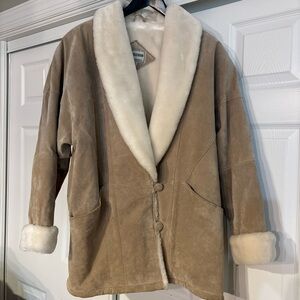Soft Taupe Shearling Coat with Cream Fur Trim